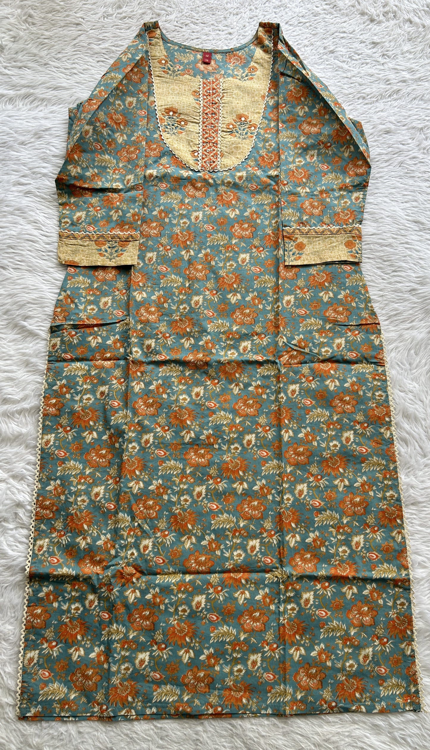 Jaipur Cotton Sea Blue Colored With a Floral Print Kurti Set. - Sampradaya Designer Studio