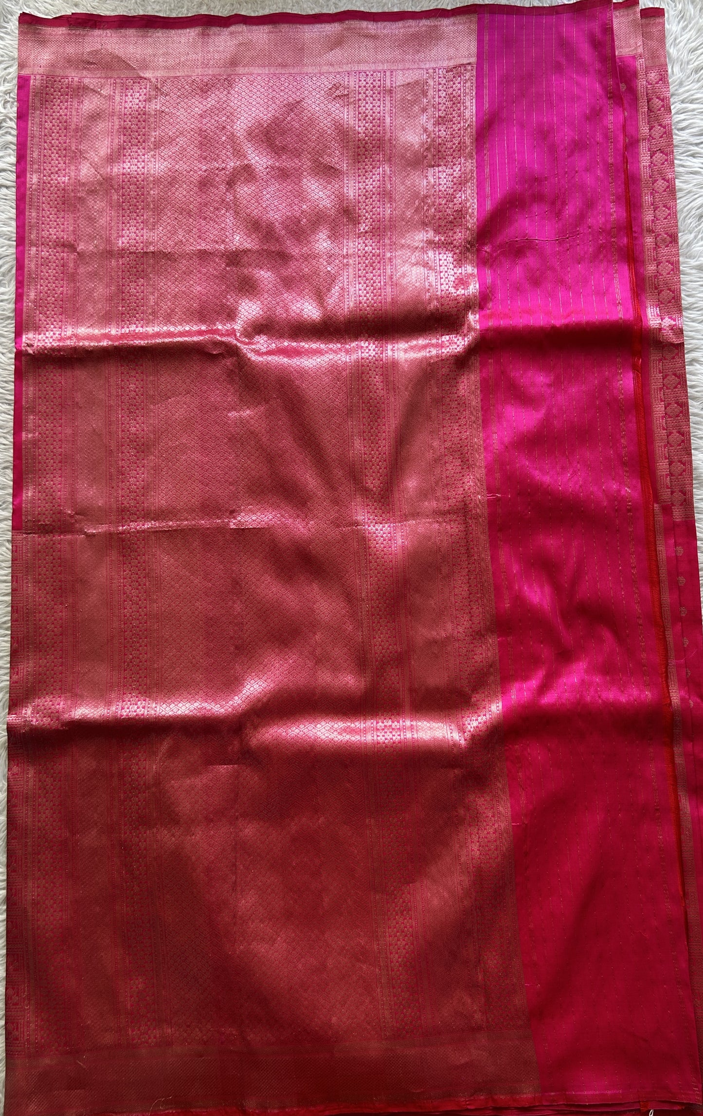 Banarasi Katan Silk Allover Saree Hot Pink Colored Elegantly Paired with a Zari border. - Sampradaya Designer Studio