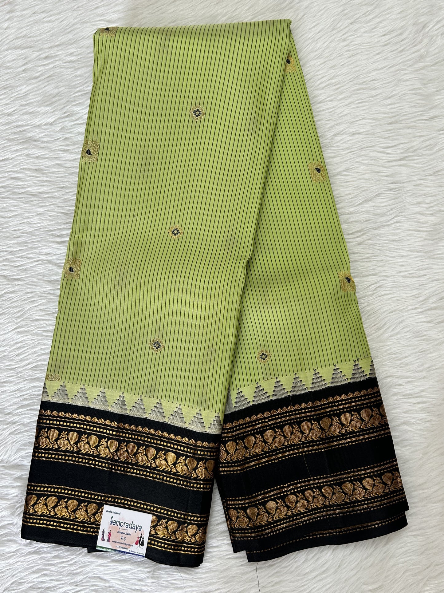 Gadwal Pattu Saree Pastel Green colored saree complemented with a Black Kanchi Gap Border - Sampradaya Designer Studio