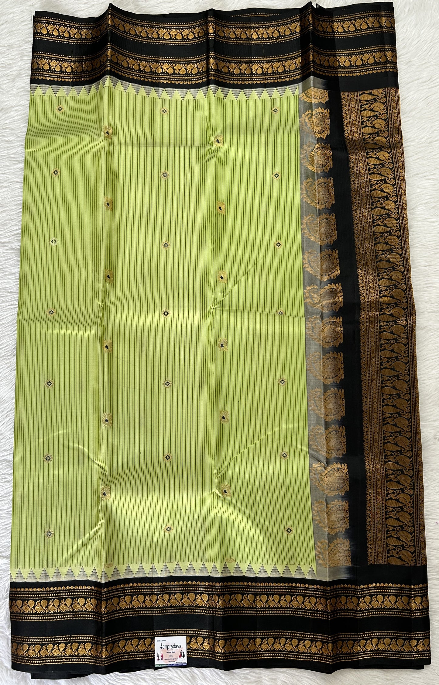 Gadwal Pattu Saree Pastel Green colored saree complemented with a Black Kanchi Gap Border - Sampradaya Designer Studio