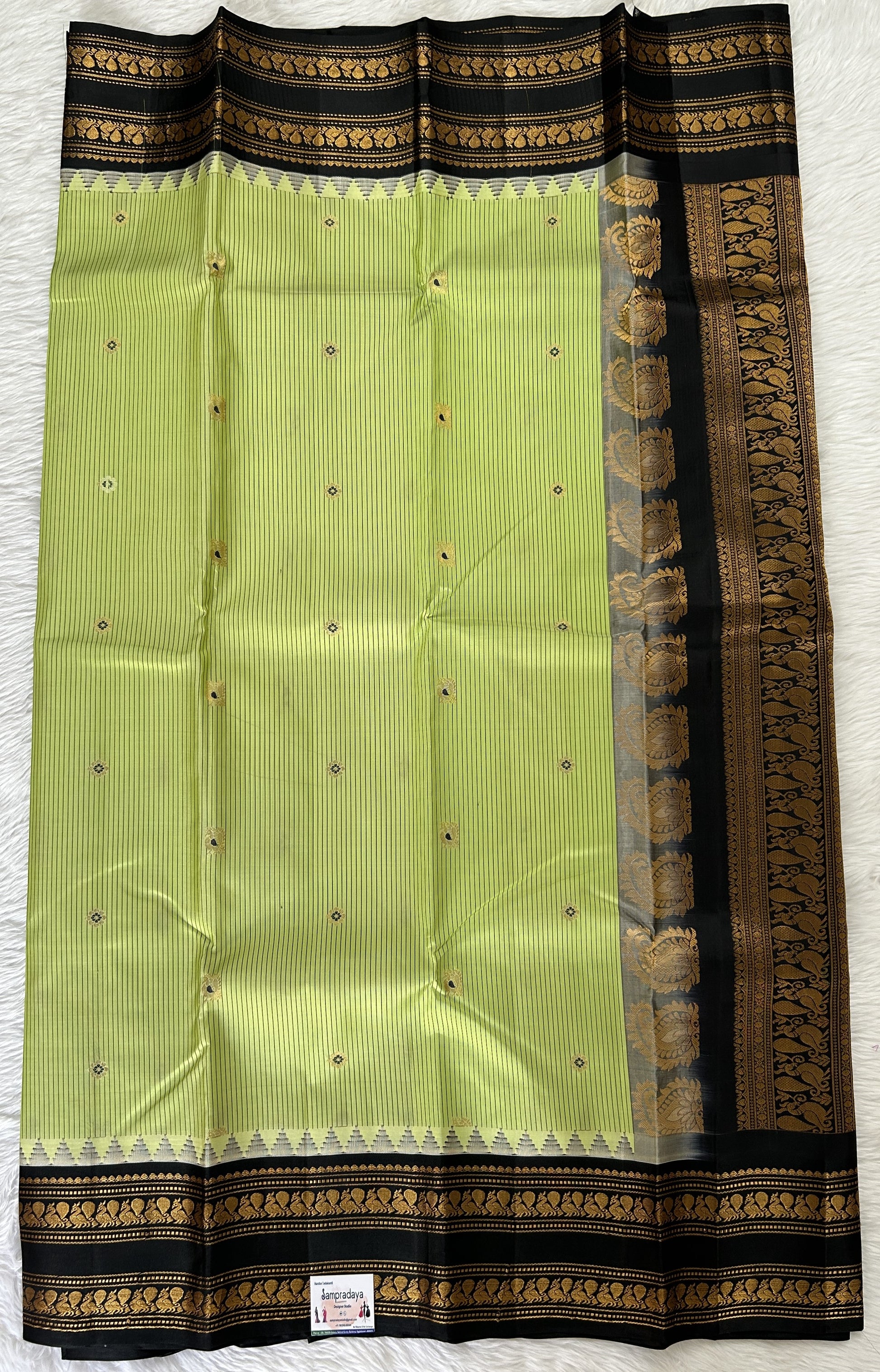 Gadwal Pattu Saree Pastel Green colored saree complemented with a Black Kanchi Gap Border - Sampradaya Designer Studio