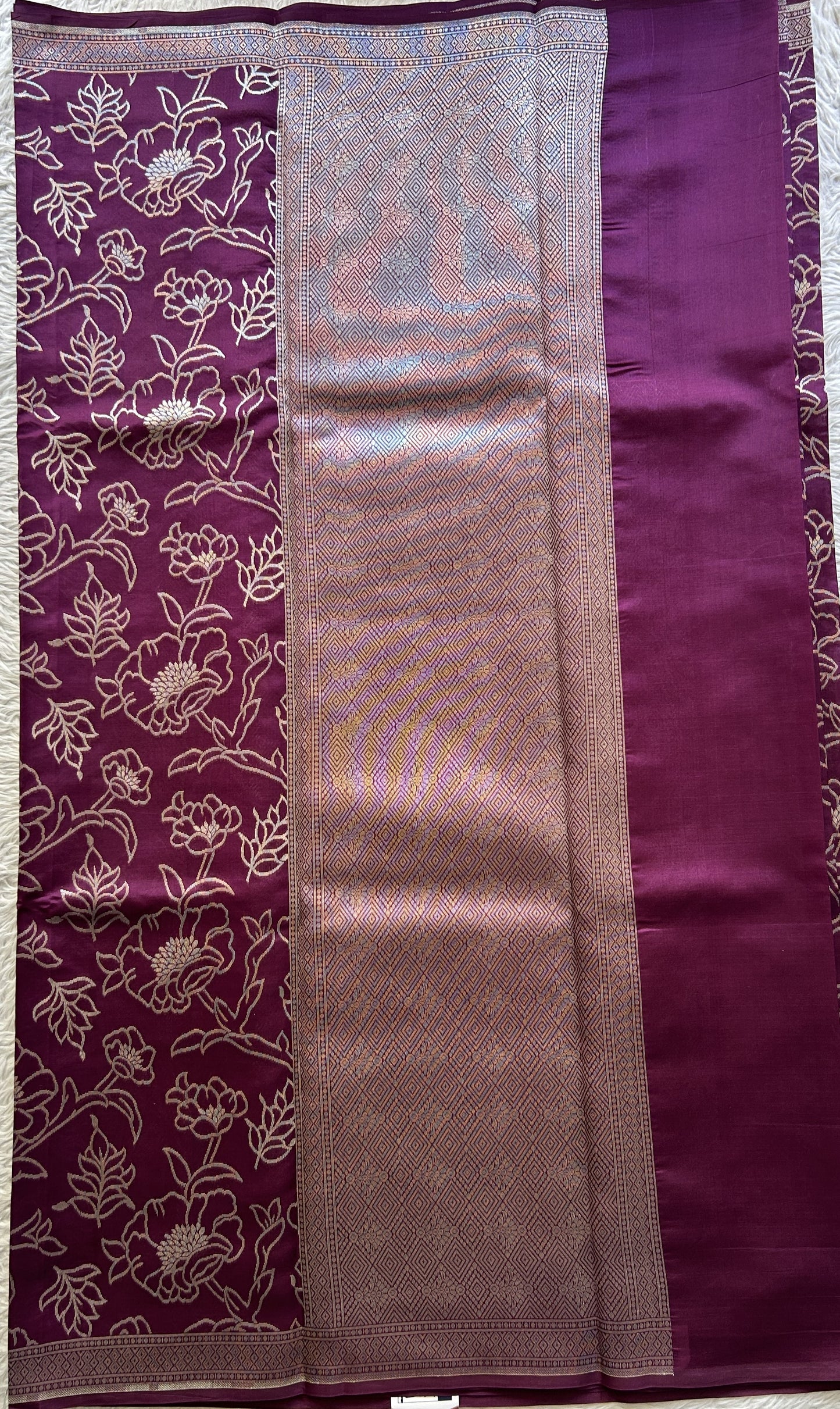 Banarasi Katan Silk Allover Saree Brinjal Colored Elegantly Paired with a Zari border. - Sampradaya Designer Studio