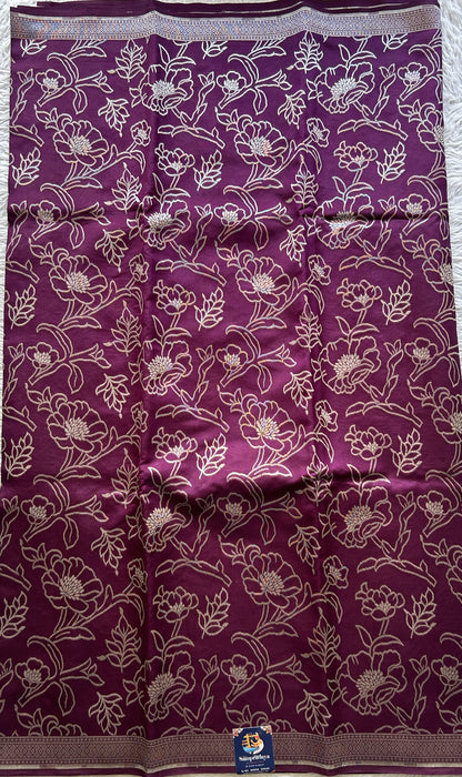 Banarasi Katan Silk Allover Saree Brinjal Colored Elegantly Paired with a Zari border. - Sampradaya Designer Studio