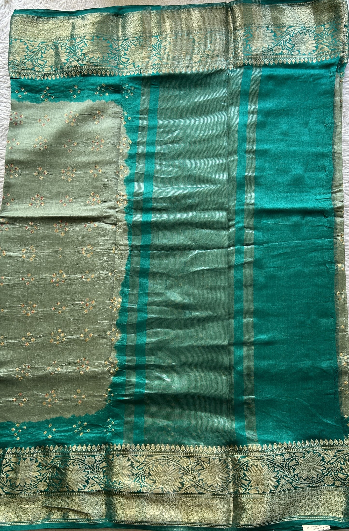 Bandhani Saree Light Sea Green Colored Elegantly Paired with a Zari Border. - Sampradaya Designer Studio