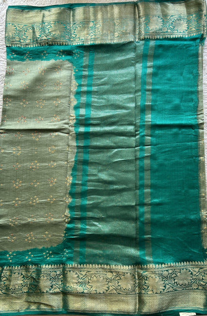 Bandhani Saree Light Sea Green Colored Elegantly Paired with a Zari Border. - Sampradaya Designer Studio