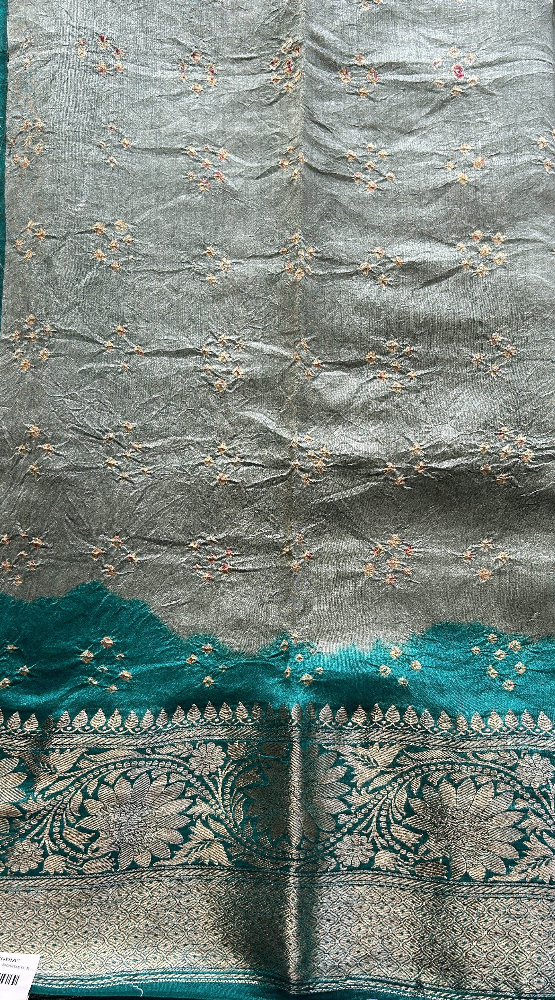 Bandhani Saree Light Sea Green Colored Elegantly Paired with a Zari Border. - Sampradaya Designer Studio