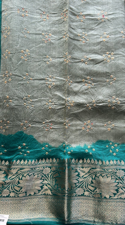 Bandhani Saree Light Sea Green Colored Elegantly Paired with a Zari Border. - Sampradaya Designer Studio