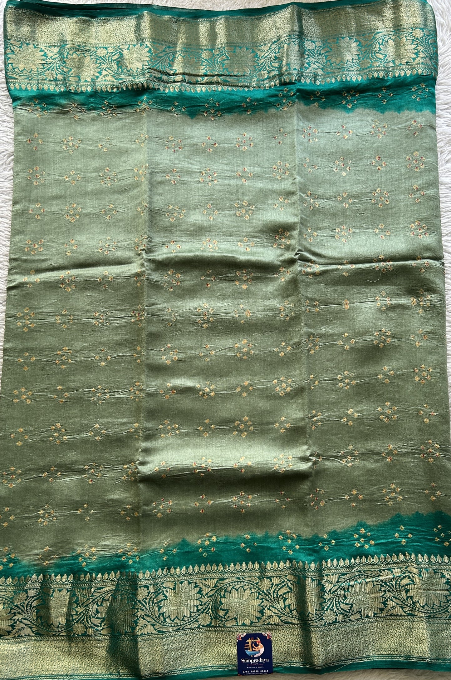 Bandhani Saree Light Sea Green Colored Elegantly Paired with a Zari Border. - Sampradaya Designer Studio