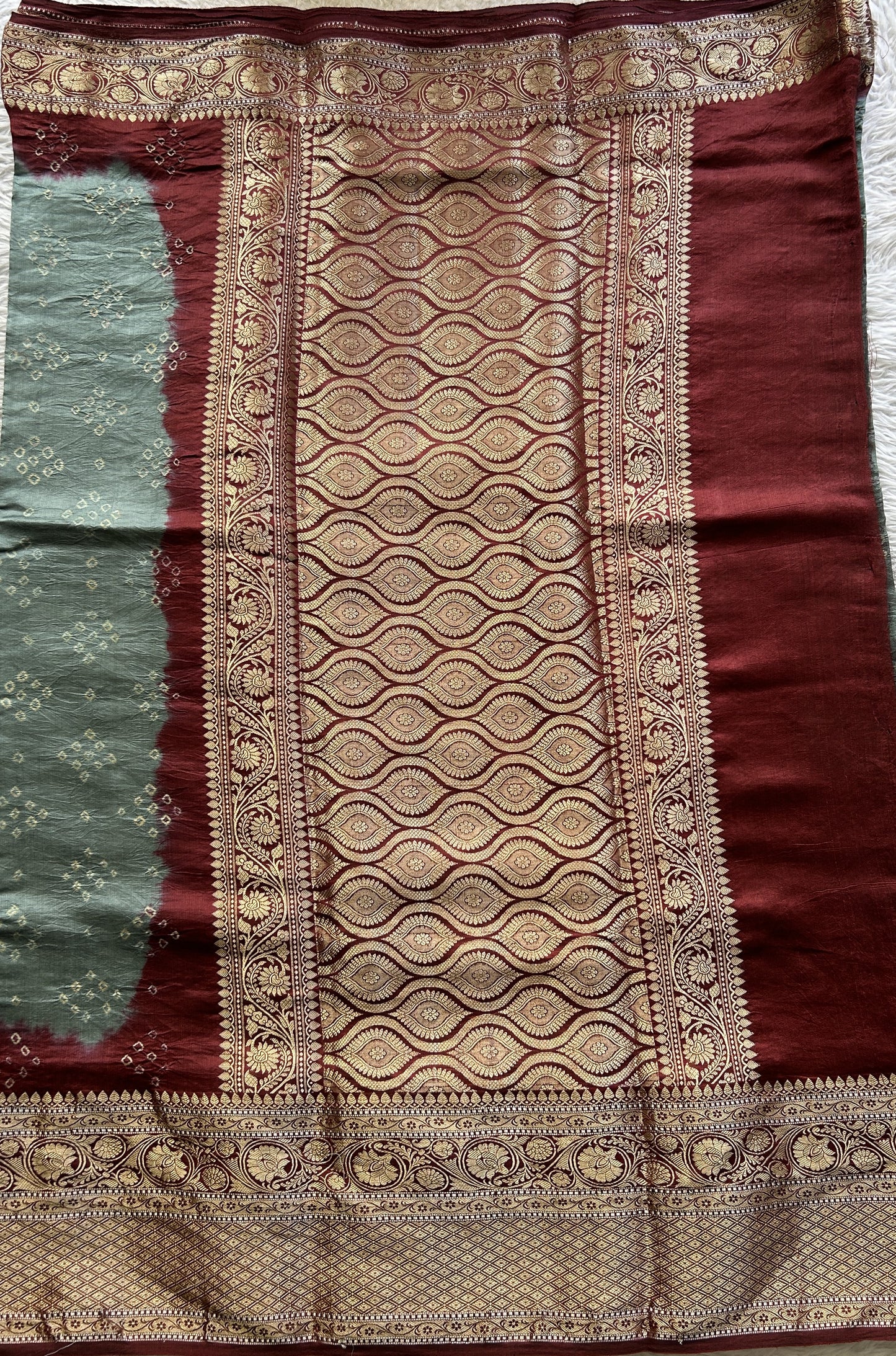 Bandhani Saree Gray Colored Elegantly Paired with a Rust Color Zari Border. - Sampradaya Designer Studio