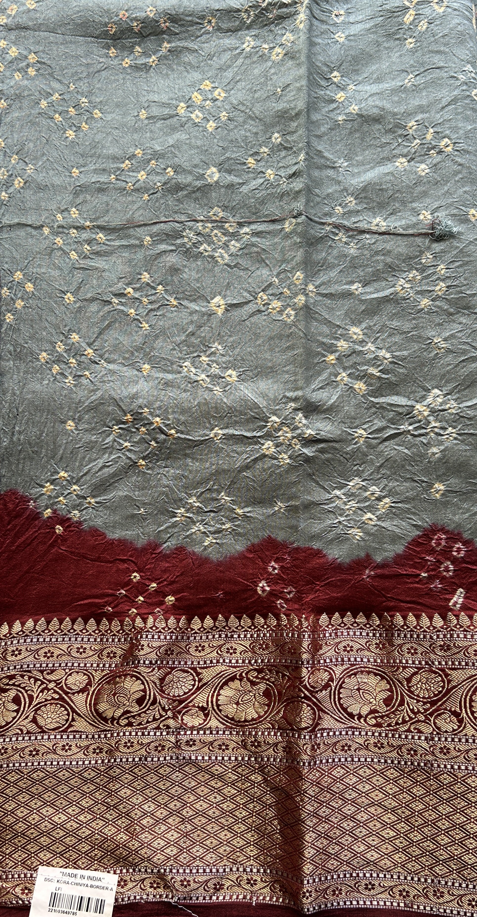 Bandhani Saree Gray Colored Elegantly Paired with a Rust Color Zari Border. - Sampradaya Designer Studio