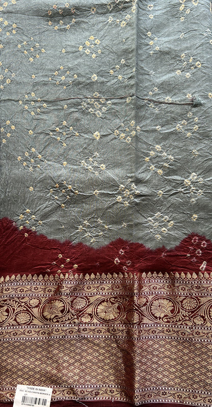 Bandhani Saree Gray Colored Elegantly Paired with a Rust Color Zari Border. - Sampradaya Designer Studio