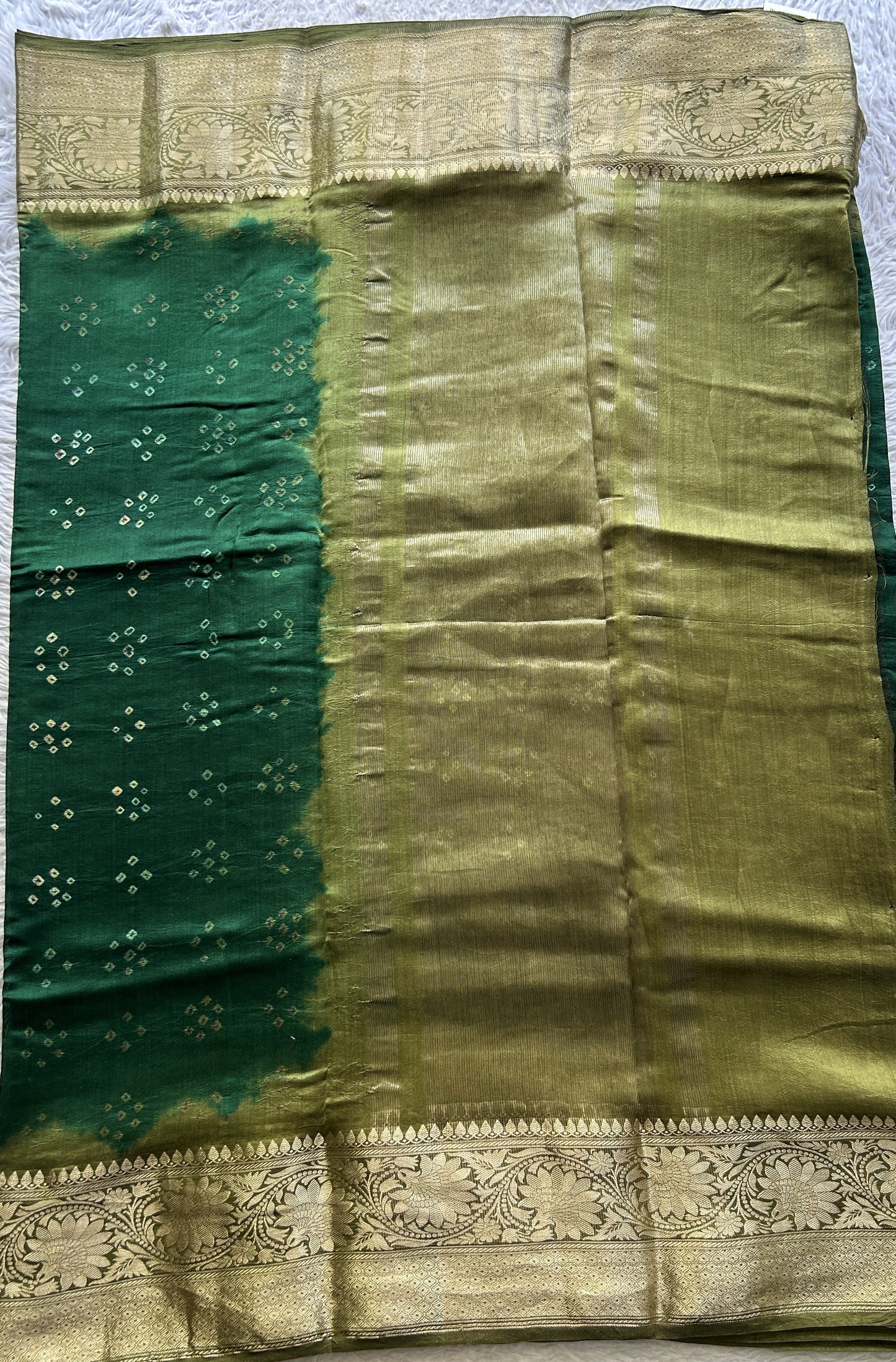 Bandhani Saree Dark Green Colored Elegantly Paired with a Olive Green Color Zari Border. - Sampradaya Designer Studio