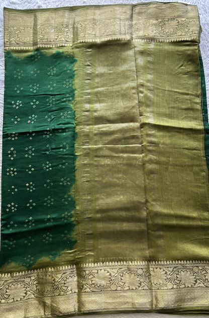 Bandhani Saree Dark Green Colored Elegantly Paired with a Olive Green Color Zari Border. - Sampradaya Designer Studio
