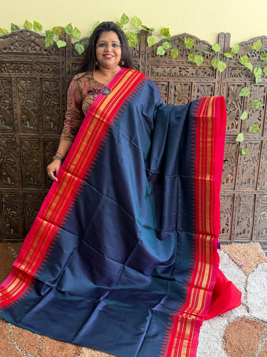 Navy Blue Gadwal Silk Saree with Gold Zari Border — Pure Handloom | Silk Mark Certified