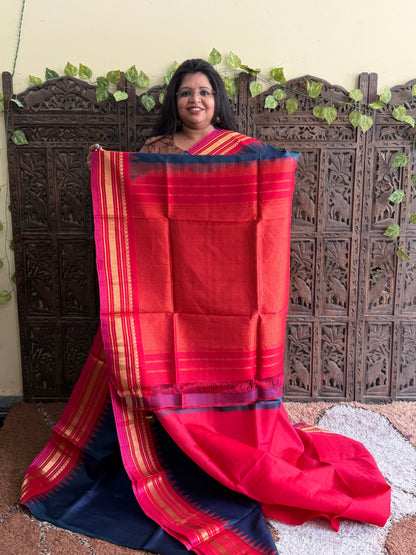 Navy Blue Gadwal Silk Saree with Gold Zari Border — Pure Handloom | Silk Mark Certified