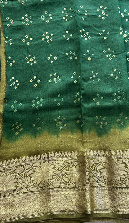 Bandhani Saree Dark Green Colored Elegantly Paired with a Olive Green Color Zari Border. - Sampradaya Designer Studio