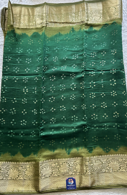 Bandhani Saree Dark Green Colored Elegantly Paired with a Olive Green Color Zari Border. - Sampradaya Designer Studio