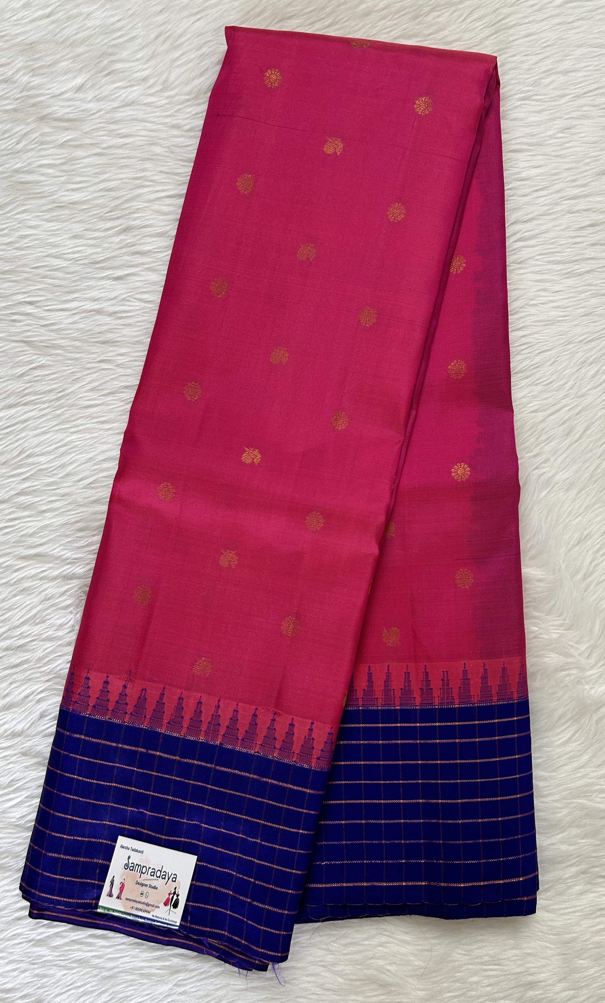 Gadwal Pattu Saree Pink colored saree complemented with a Dark Blue Checks Border - Sampradaya Designer Studio