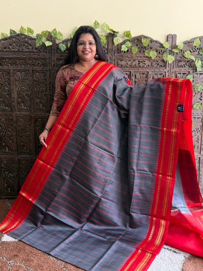 Gray Gadwal Silk Saree with Gold Zari Border — Pure Handloom | Silk Mark Certified
