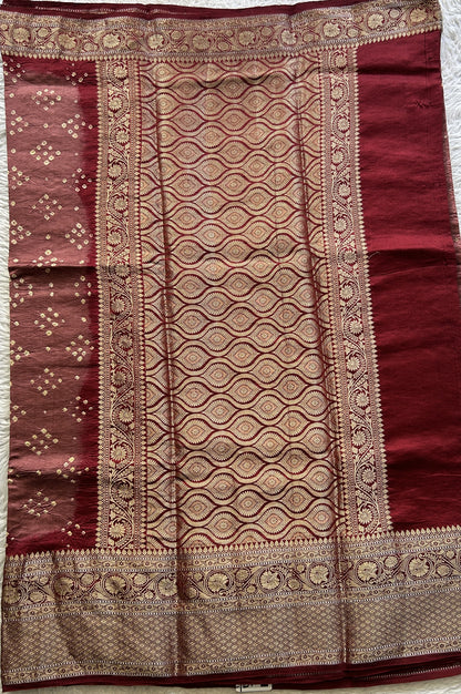 Bandhani Saree Maroon Colored Elegantly Paired with a Zari Border. - Sampradaya Designer Studio