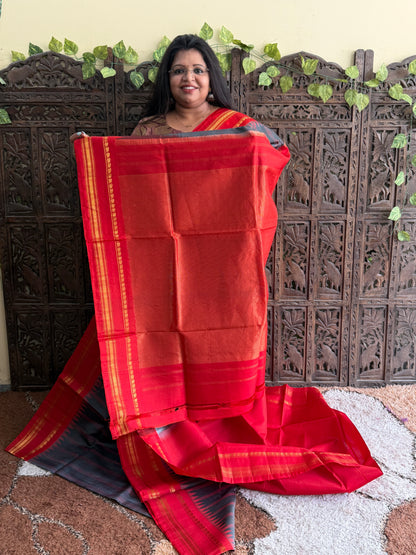 Gray Gadwal Silk Saree with Gold Zari Border — Pure Handloom | Silk Mark Certified