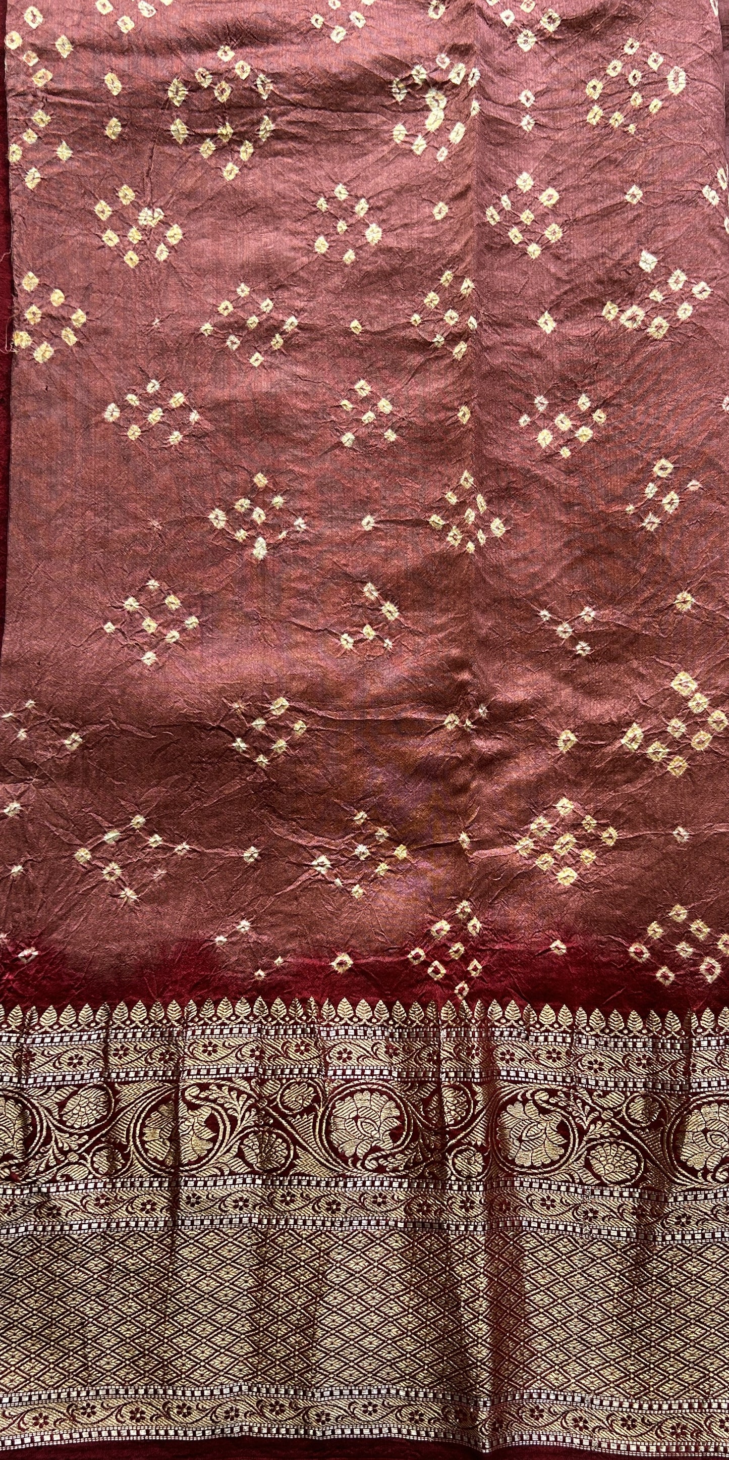 Bandhani Saree Maroon Colored Elegantly Paired with a Zari Border. - Sampradaya Designer Studio