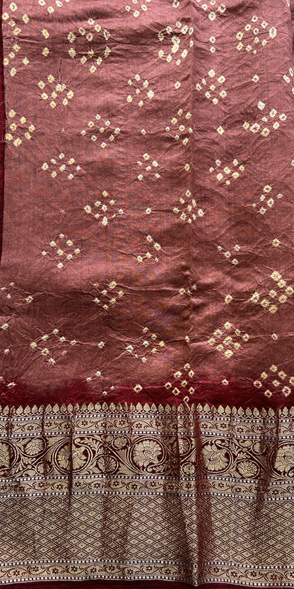 Bandhani Saree Maroon Colored Elegantly Paired with a Zari Border. - Sampradaya Designer Studio
