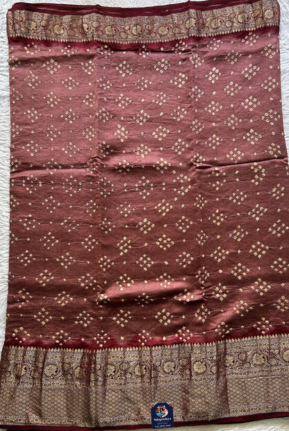 Bandhani Saree Maroon Colored Elegantly Paired with a Zari Border. - Sampradaya Designer Studio