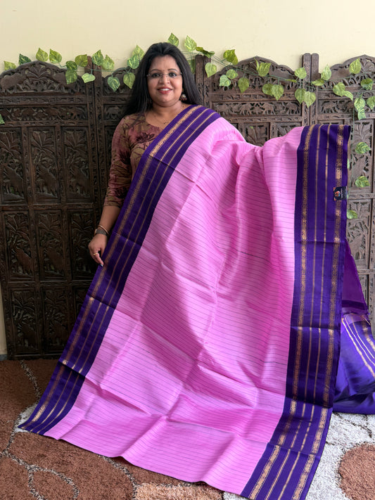 Lavender Gadwal Silk Saree with Gold Zari Border — Pure Handloom | Silk Mark Certified