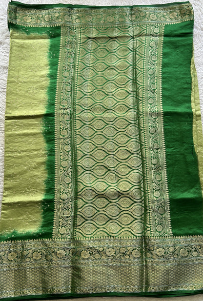 Bandhani Saree Inchworm Colored Elegantly Paired with a Green Color Zari Border. - Sampradaya Designer Studio