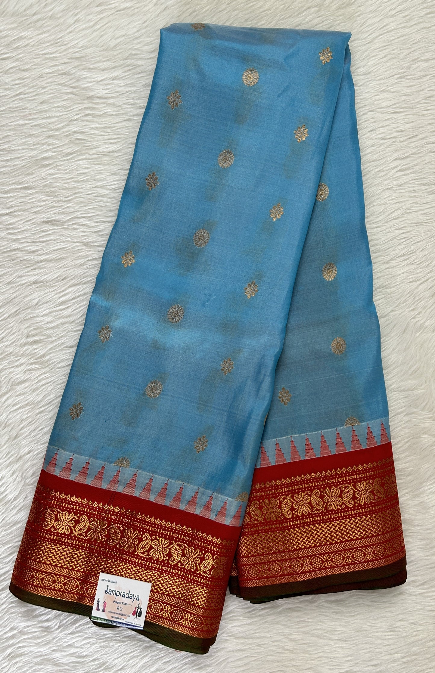 Gadwal Pattu Saree Sky Blue colored saree complemented with a Bright Red Kanchi Border - Sampradaya Designer Studio