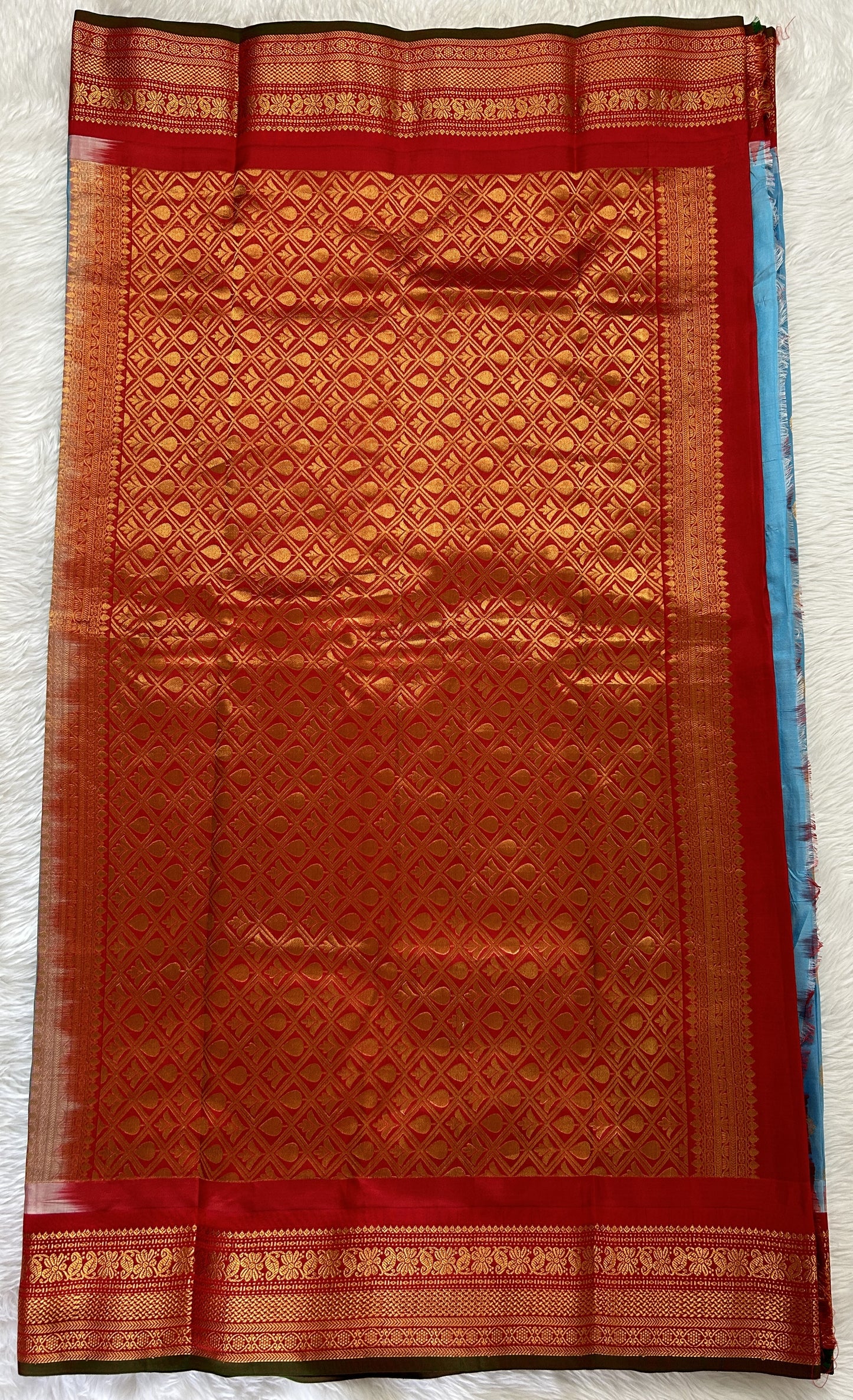 Gadwal Pattu Saree Sky Blue colored saree complemented with a Bright Red Kanchi Border - Sampradaya Designer Studio