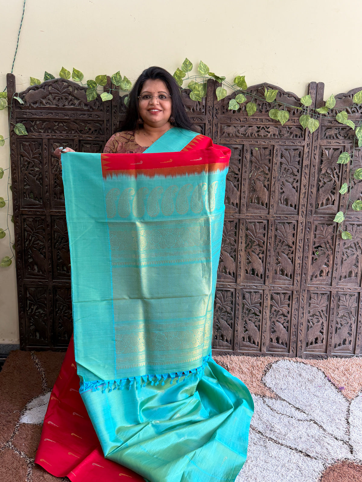 Red Gadwal Silk Saree with Gold Zari Border — Pure Handloom | Silk Mark Certified