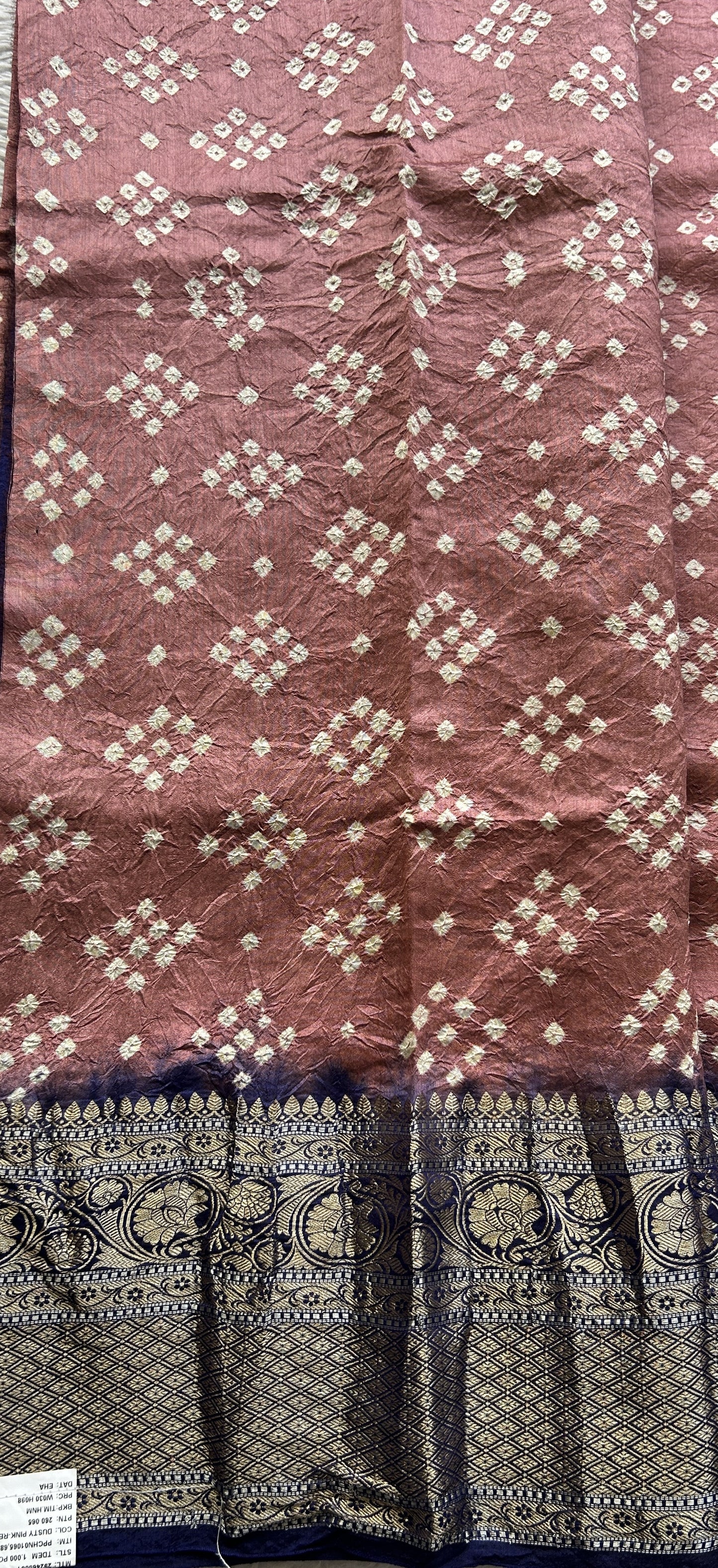 Bandhani Saree Brick Colored Elegantly Paired with a Navy Blue Color Zari Border. - Sampradaya Designer Studio