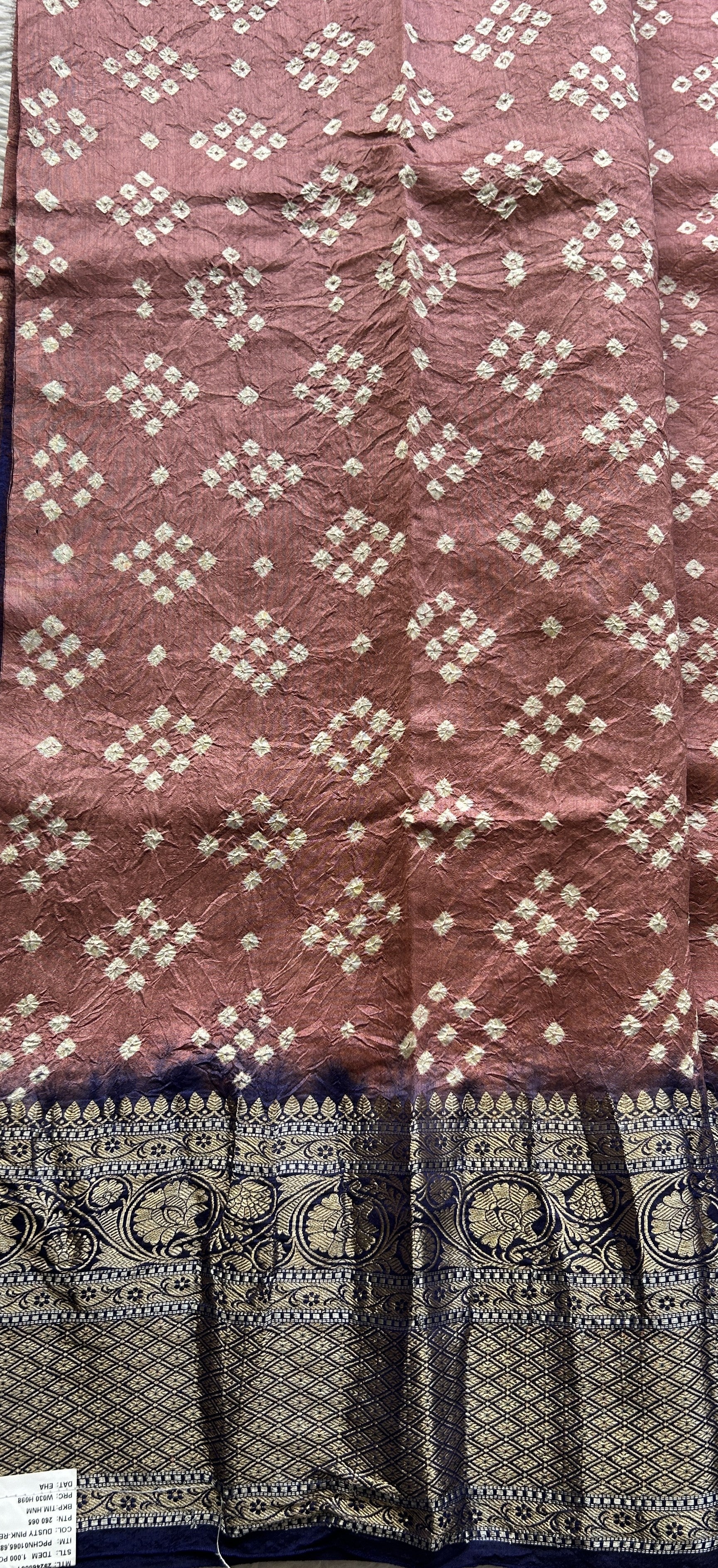 Bandhani Saree Brick Colored Elegantly Paired with a Navy Blue Color Zari Border. - Sampradaya Designer Studio