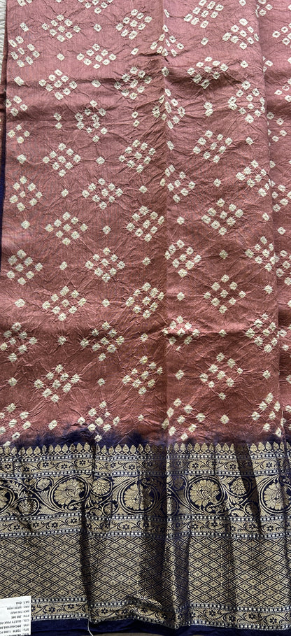 Bandhani Saree Brick Colored Elegantly Paired with a Navy Blue Color Zari Border. - Sampradaya Designer Studio