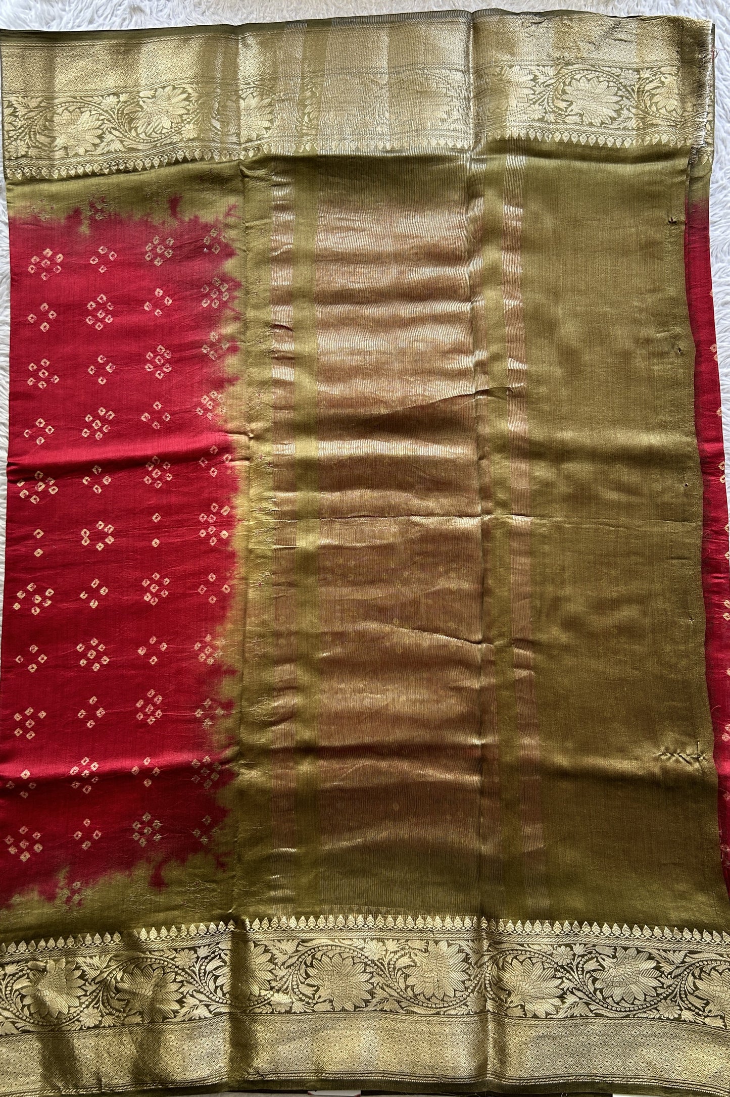Bandhani Saree Red Colored Elegantly Paired with a Olive Green Color Zari Border. - Sampradaya Designer Studio