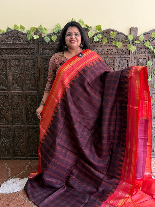 Brown Gadwal Silk Saree with Gold Zari Border — Pure Handloom | Silk Mark Certified