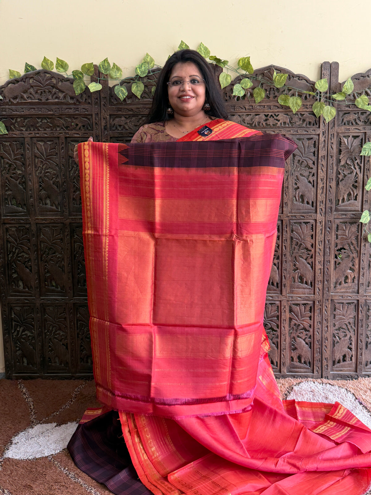 Brown Gadwal Silk Saree with Gold Zari Border — Pure Handloom | Silk Mark Certified
