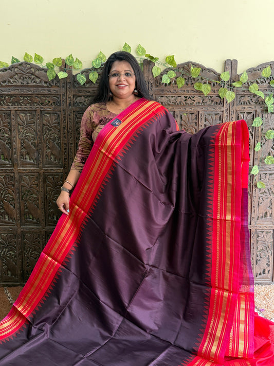 Brown Gadwal Silk Saree with Gold Zari Border — Pure Handloom | Silk Mark Certified