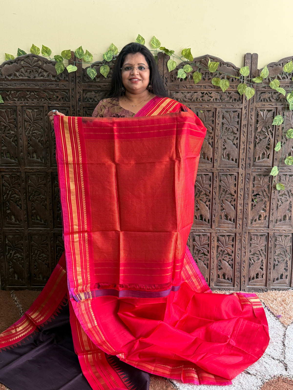 Brown Gadwal Silk Saree with Gold Zari Border — Pure Handloom | Silk Mark Certified