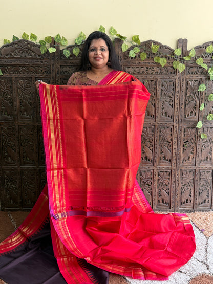 Brown Gadwal Silk Saree with Gold Zari Border — Pure Handloom | Silk Mark Certified