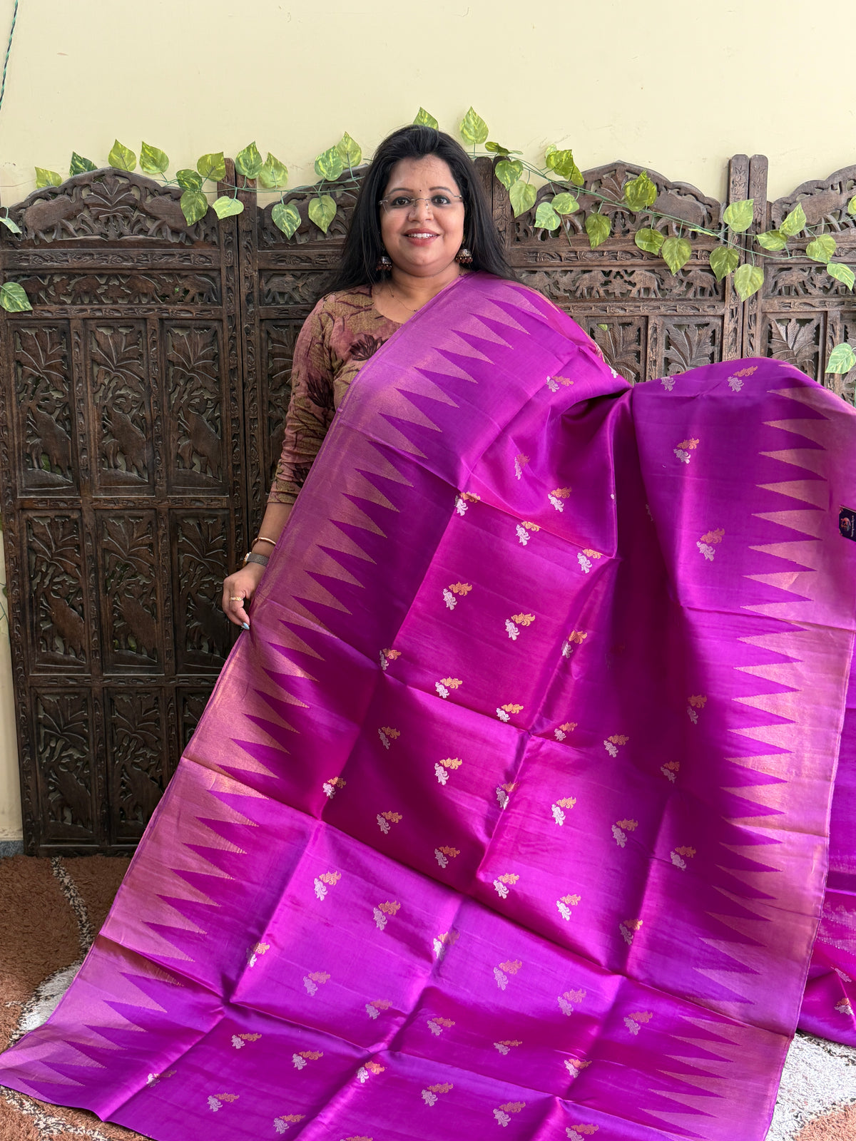 Purple Gadwal Silk Saree with Gold Zari Border — Pure Handloom | Silk Mark Certified
