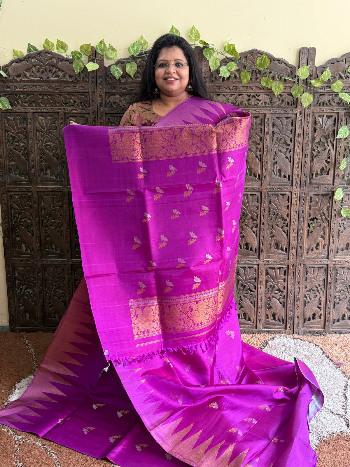 Purple Gadwal Silk Saree with Gold Zari Border — Pure Handloom | Silk Mark Certified