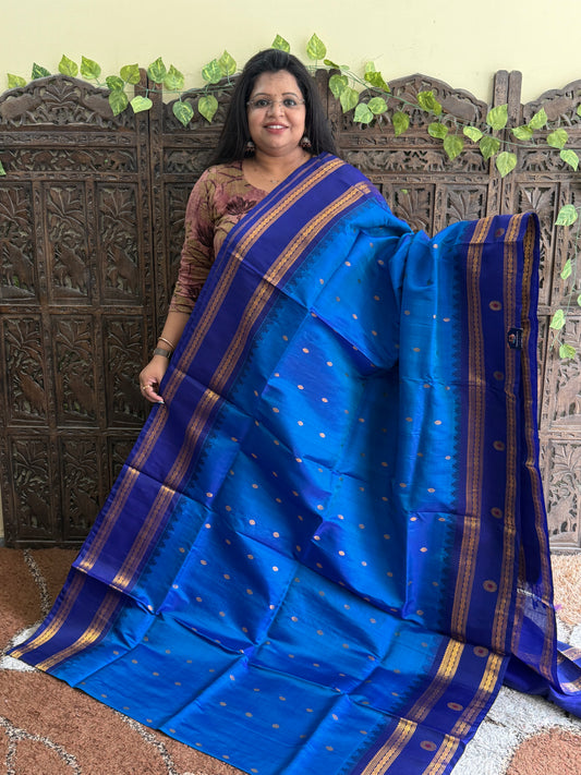 Blue Gadwal Silk Saree with Gold Zari Border — Pure Handloom | Silk Mark Certified