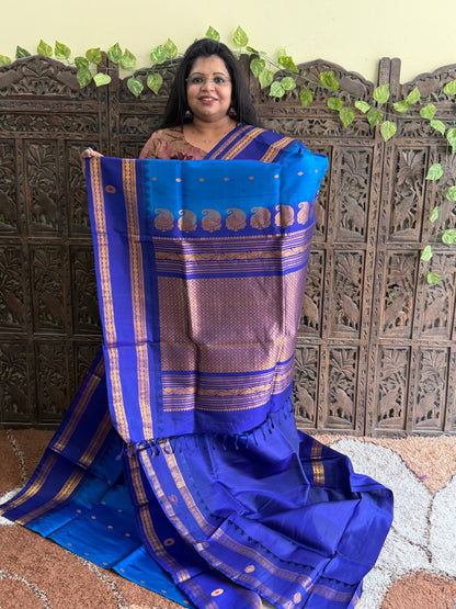 Blue Gadwal Silk Saree with Gold Zari Border — Pure Handloom | Silk Mark Certified