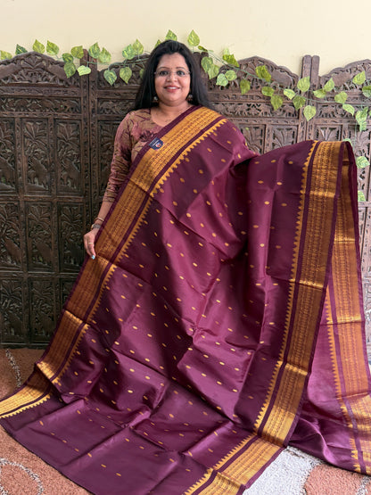 Brown Gadwal Silk Saree with Gold Zari Border — Pure Handloom | Silk Mark Certified
