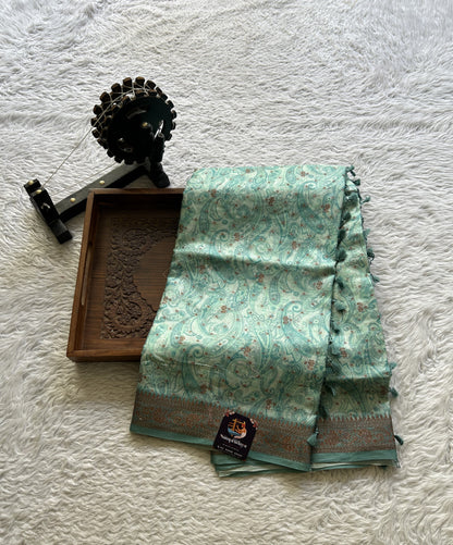Pure Tussar Silk Saree Light Sea Green Color Complemented with a Zari Border. - Sampradaya Designer Studio