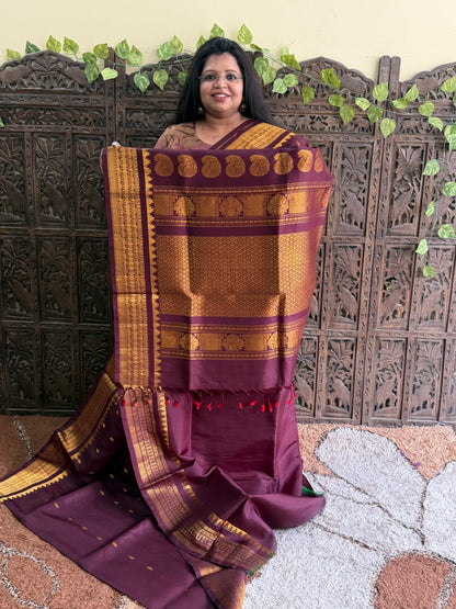 Brown Gadwal Silk Saree with Gold Zari Border — Pure Handloom | Silk Mark Certified