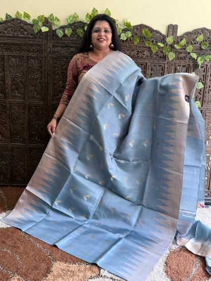 Gray Gadwal Silk Saree with Gold Zari Border — Pure Handloom | Silk Mark Certified